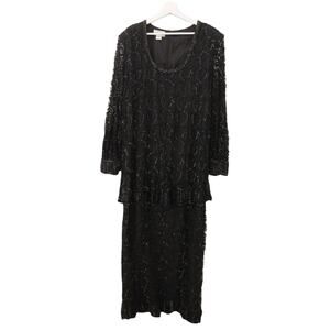 Judith Ann Plus Vintage Black Beaded Sequin Mesh Drop Waist Party Dress 1X